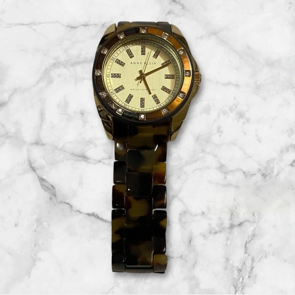 VGT Watch Anne Klein 10/9988 Gold Tone Tortoise Shell Watch Jeweled Accent